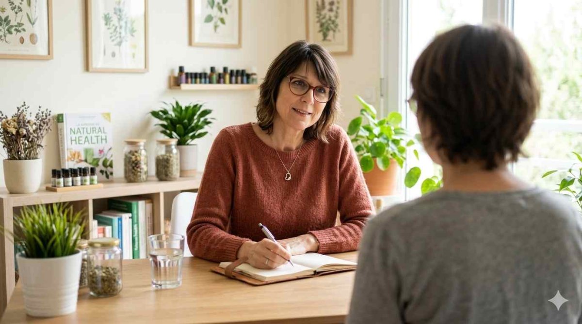 Consultation en naturopathie avec Véronique Duivon Véronique Duivon en consultation de naturopathie échange avec une patiente dans un cabinet lumineux et naturel