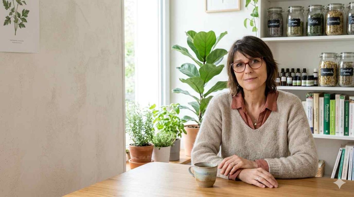 Véronique Duivon, naturopathe Portrait de Véronique Duivon naturopathe dans son cabinet entourée de plantes et de produits naturels